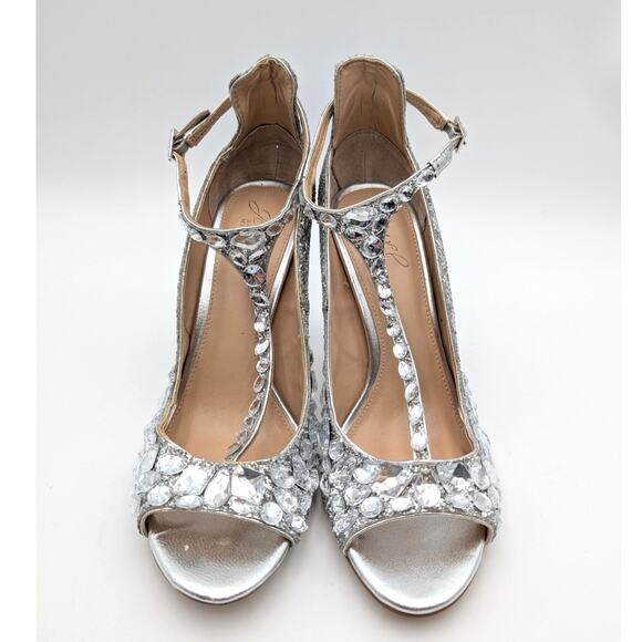 Jewel Badgley Mischka Conroy Metallic Glitter Heel Sandal Silver Size US8.5 EU39 - Picture 2 of 10